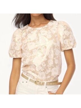 J. Crew Cream, Tan and gold Floral Jacquard Puff Sleeve Blouse